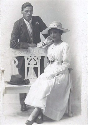 Joseph J. Izard and Mary A. Holman on their wedding day Aug. 1918.jpg